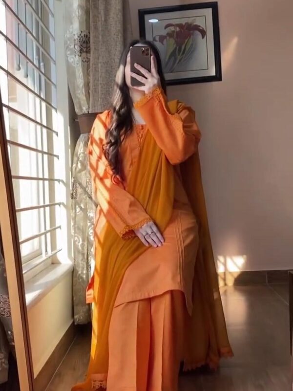 Rust Orange 3-Piece Stitched Lawn Suit with Chiffon Dupatta