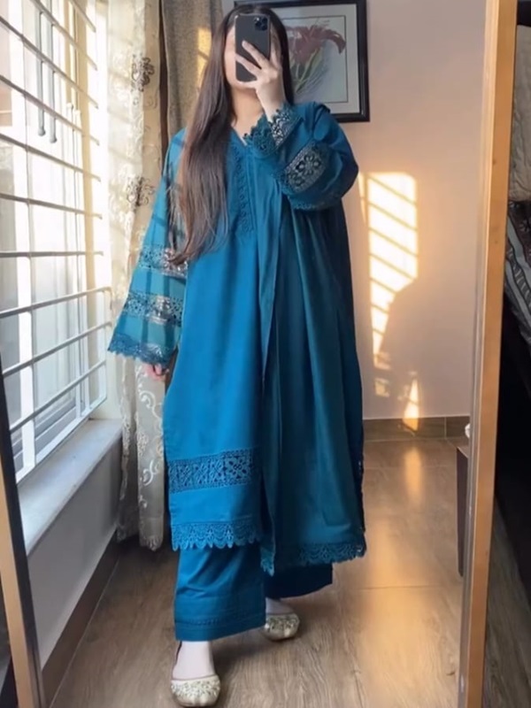 Teal Blue 3-Piece Stitched Lawn Suit with Chiffon Dupatta & Lace Details