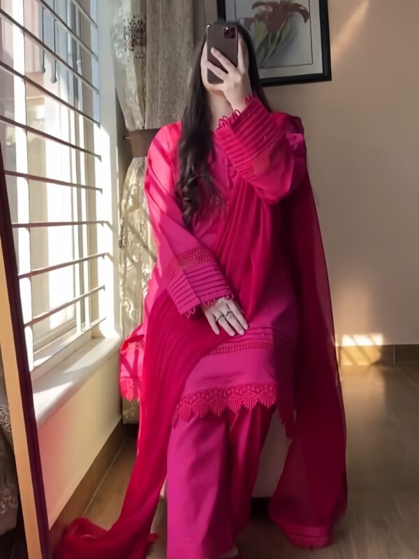 3-Piece Stitched Lawn Suit with Chiffon Dupatta & Scalloped Lace Details