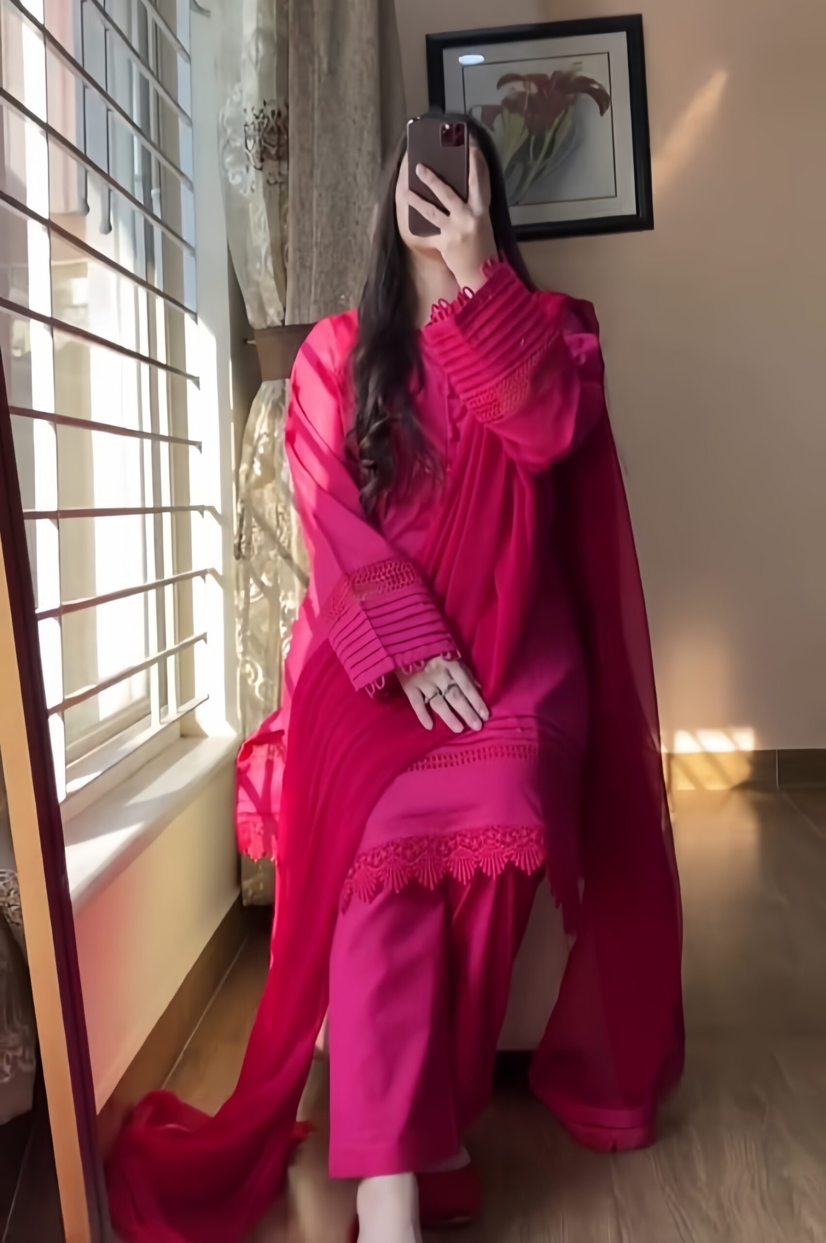 3-Piece Stitched Lawn Suit with Chiffon Dupatta & Scalloped Lace Details