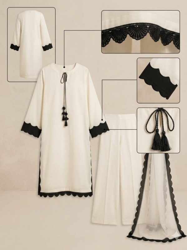 Elegant White & Black 3-Piece Stitched Lawn Suit with Scalloped Lace & Tassel Details
