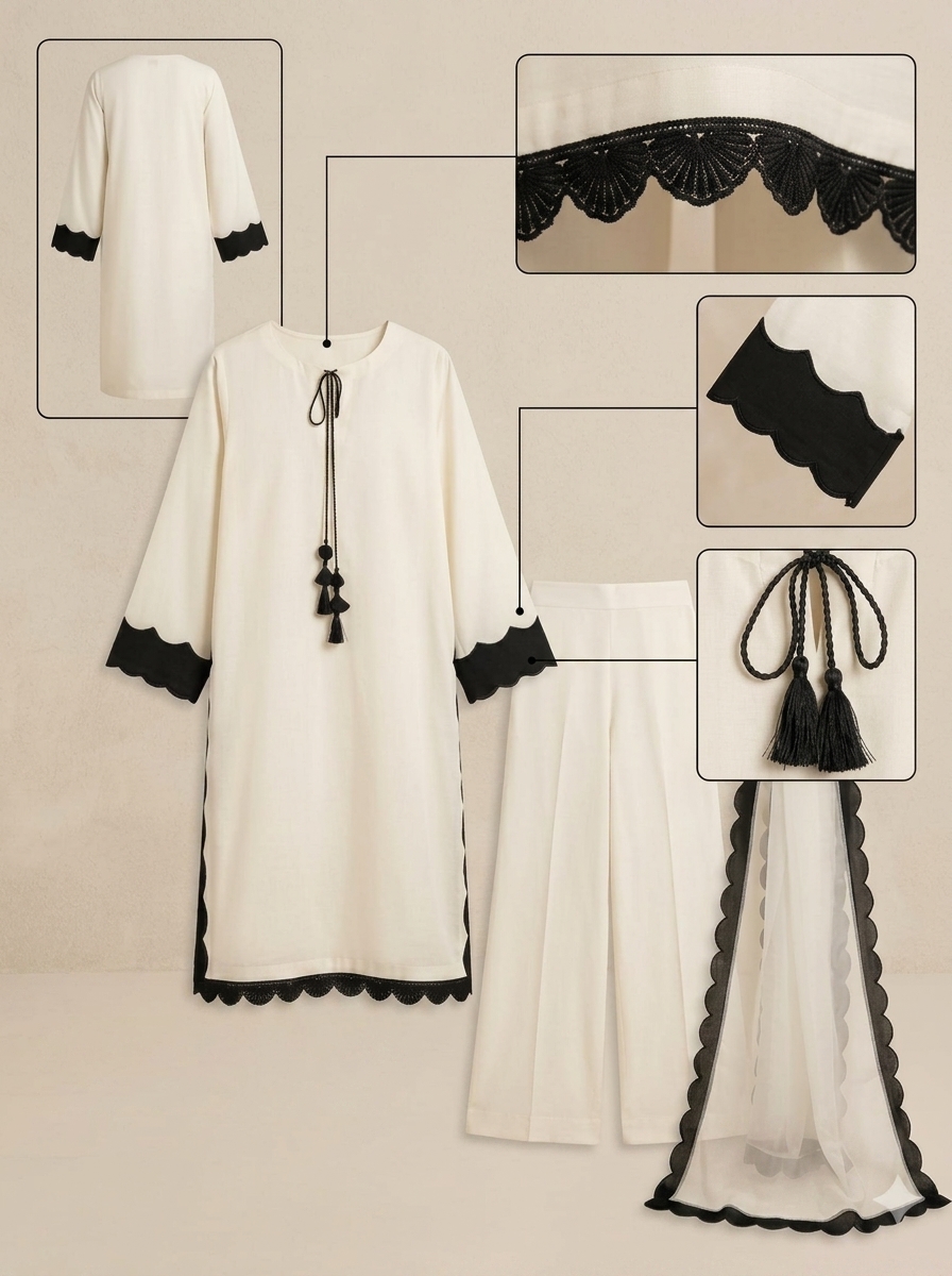 Elegant White & Black 3-Piece Stitched Lawn Suit with Scalloped Lace & Tassel Details
