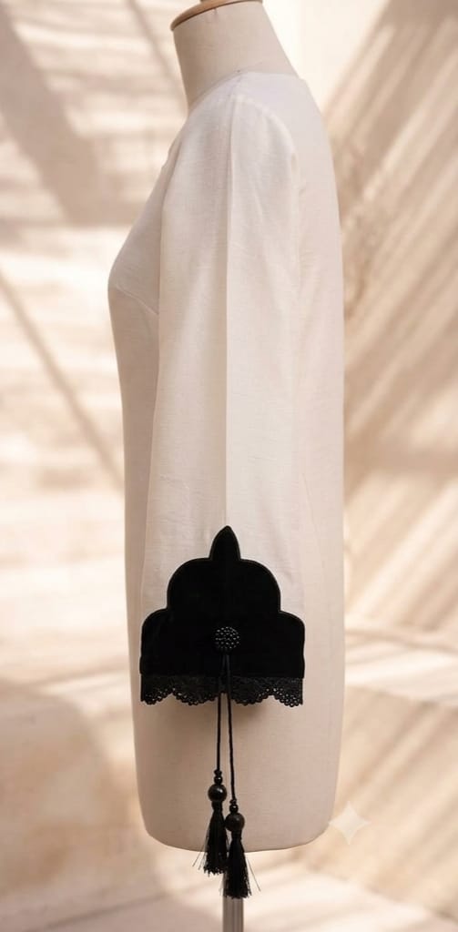 Elegant White & Black 3-Piece Stitched Lawn Suit with Scalloped Lace & Tassel Details - Image 3