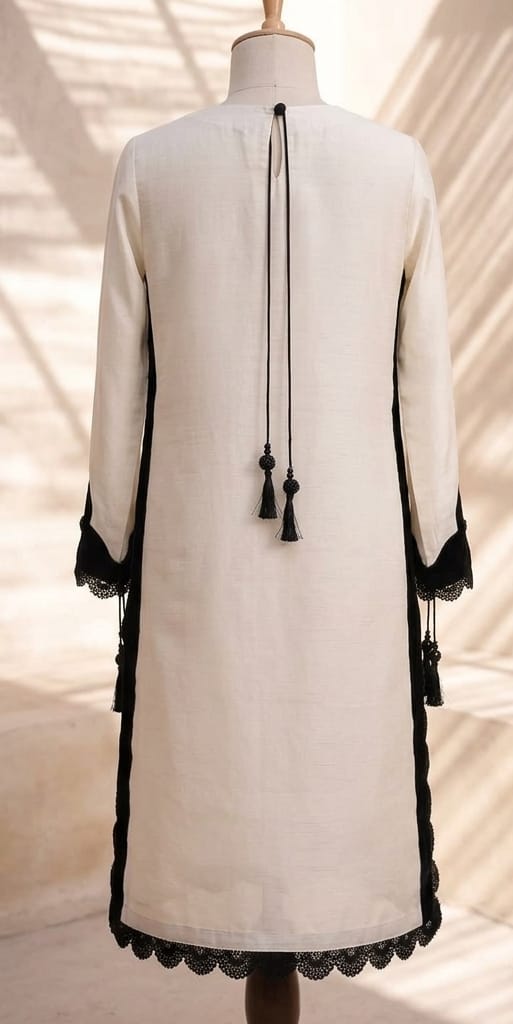 Elegant White & Black 3-Piece Stitched Lawn Suit with Scalloped Lace & Tassel Details - Image 4