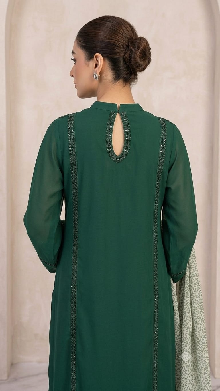 14 August Special | Elegant Bottle Green 3-Piece Stitched Lawn Suit π΅π° - Image 2