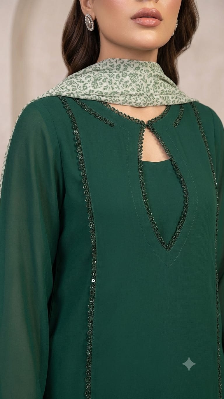 14 August Special | Elegant Bottle Green 3-Piece Stitched Lawn Suit π΅π° - Image 3