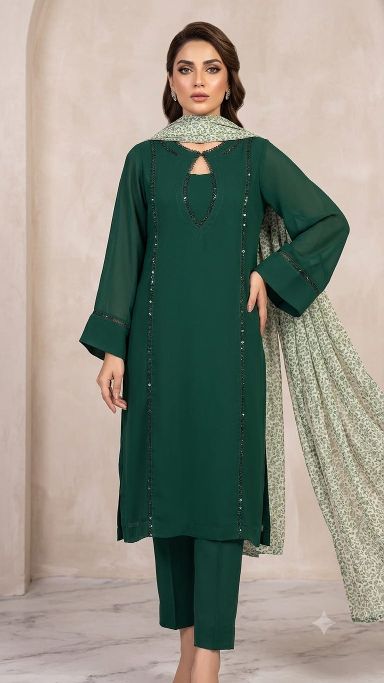 14 August Special | Elegant Bottle Green 3-Piece Stitched Lawn Suit π΅π° - Image 5